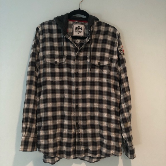 EXPRESS Truth & Valor Emblem Button Down Hoodie - Plaid Black, Grey & White.💥 - Picture 5 of 13